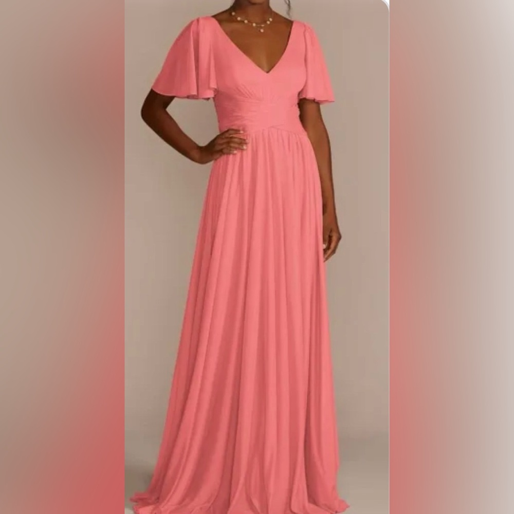 Elegant Maxi Dress - Coral Reef (Pink Orange) Flutter Sleeve Mesh